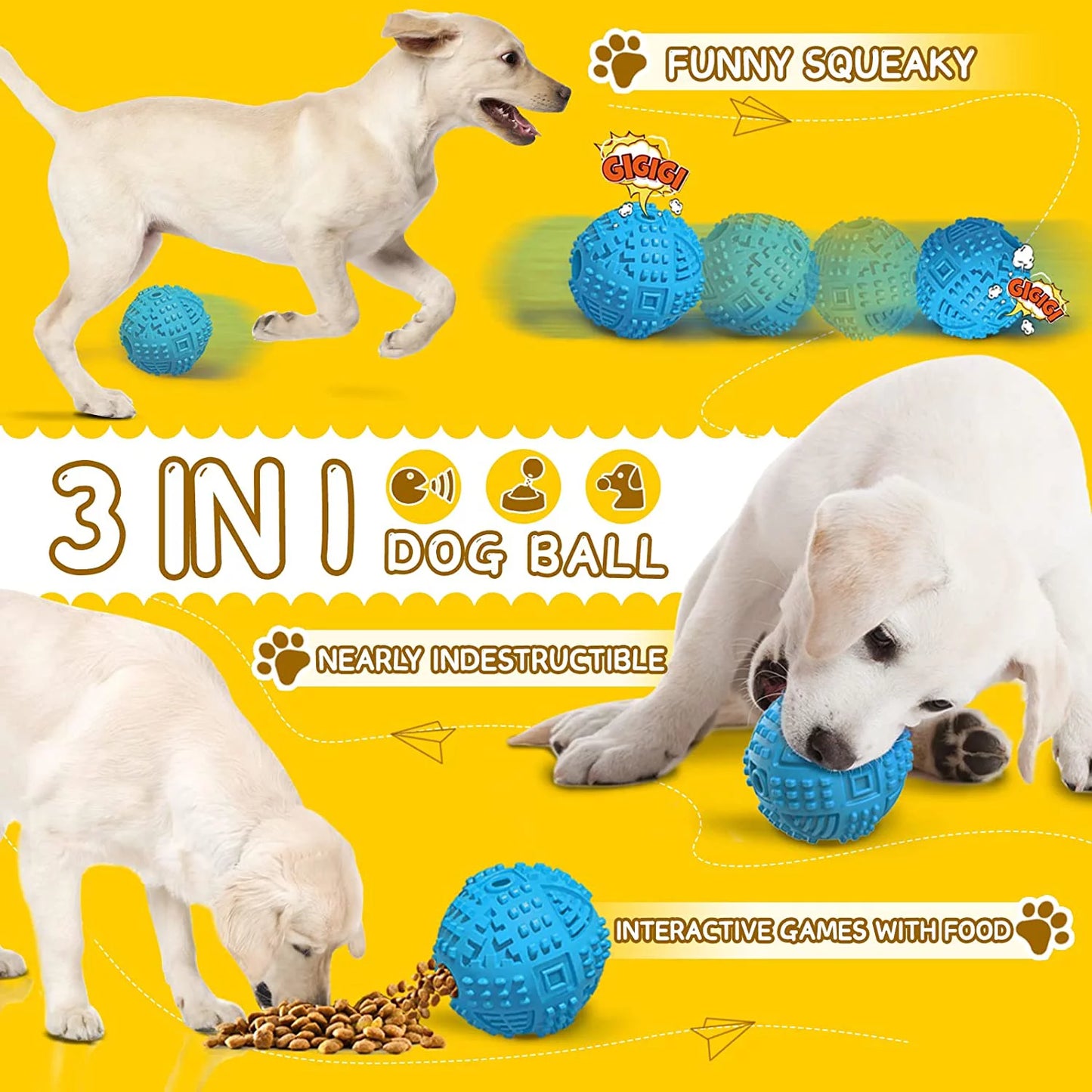 Dog Balls Treat Dispensing Dog Toys, Dog Toys for Aggressive Chewers Large Breed, Nearly Indestructible Squeaky Dog Chew Toys for Large Dogs, Natural Rubber Dog Puzzle Toys, Tough IQ Dog Treat Balls